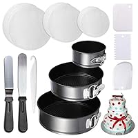 4" 7" 9" Springform Cake Pan and 150-piece Parchment Paper Liners,Non-stick Round Bakeware Cake Pan 2 Icing Spatula 3 Icing Smoother