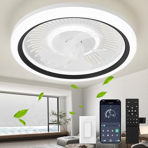 Spnoid Ceiling Fan with Lights and Remote,20'' Low Profile Ceiling Fans with Lights, Fandelier Ceiling Fan Light,DC Quiet Motor,3000K-6500K Dimmable,Modern Flush Mount Ceiling Fan for Bedroom,Black