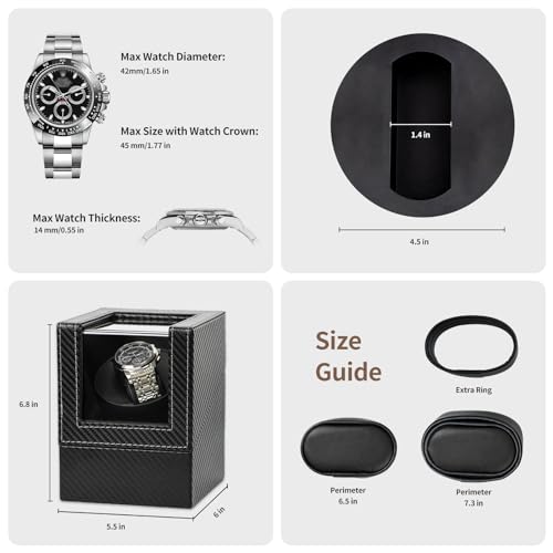 SHOWPIN Automatic Single Watch Winder in Black Fiber Leather with Japanese Quiet Motor Flexible Watch Pillow Bidirection Rotation for Men and Women Battery Powered or AC Adapter