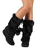 Super Furry Black Pom-pom Snow Winter Flat Boots
