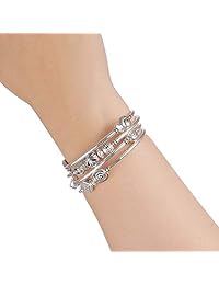 Pulsera de perlas con abalorios, joyería bohemia de moda multicapa con cuentas de metal plateado grueso, regalo para mujeres y niñas