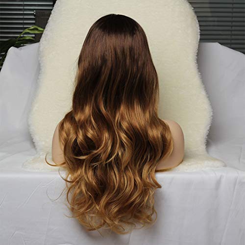 N&T Long Wavy Wigs for White Women Ombre Brown Heat Resistant Synthetic Hair Wig(28inch)