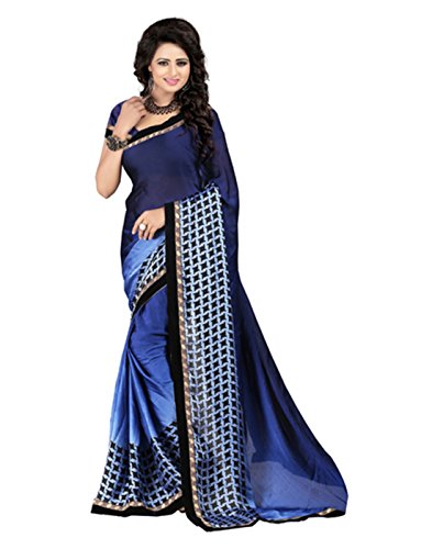 Janasya Women's Navy Blue Satin Chiffon Bordered Saree