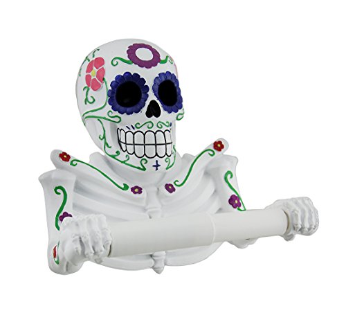 Atlantic Collectibles White Day Of The Dead Sugar Skull Floral Skeleton Toilet Paper Holder Bathroom Wall Decoration Figurine