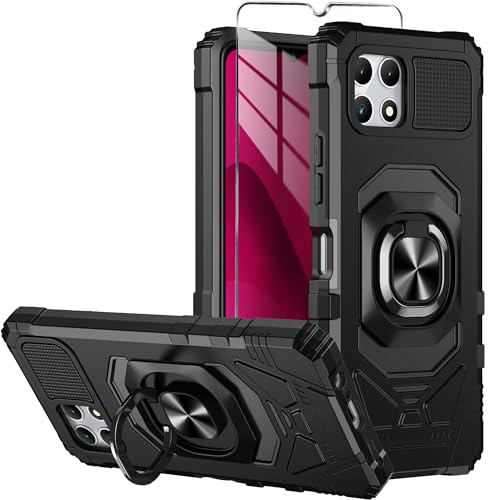 Mocotto Schutzhülle für T-Mobile REVVL 8 mit Displayschutz aus gehärtetem Glas, Militärqualität, strapazierfähig, stoßfest, mit Ringständer, Schwarz