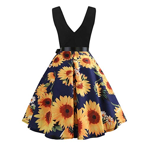 KESEELY Short Dresses for Women Cocktail - Ladies Sleeveless Flower Print Vintage Flare Swing Party Dress