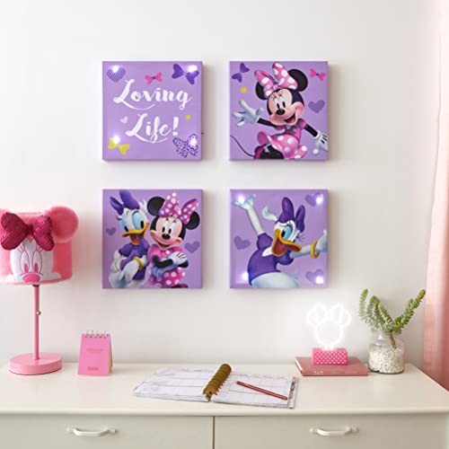 Idea Nuova Disney Minnie Mouse LED Canvas Wall Art – 4-Pack Set for Kids – Light-Up 11x11” Panels – Minnie Room Décor for Girls – Battery Operated Wall Hanging for Bedroom or Playroom