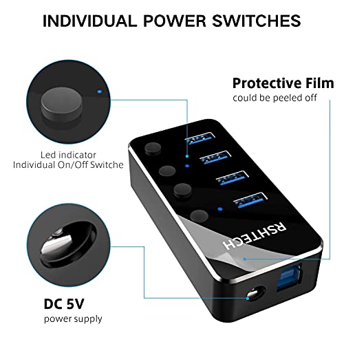 Powered USB Hub RSHTECH Aluminum 4-port USB 3.0 Hub with 5V/2A Power Supply and Individual On/Off Switch (Black) - Image 6