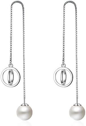H.Romo Women's 925 Sterling Silver Long Tassel Pearl Hoop Dangle Earings with CZ (Double Hoop)