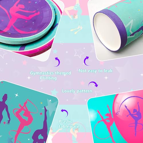 104pcs Gymnastics Party Decorations, Tableware & Gymnastics Birthday Party Decoration – Banner of Gymnastics Balloons Plate Tablecloth etc Supplies for Gymnastics Birthday Parties