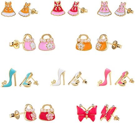 LEILE 10 Pairs 18K Gold Plated Red Pink Blue Yellow White Cute High heels Skirts Bags Butterfly Post Stud Earrings Set for Women girls Mix 04
