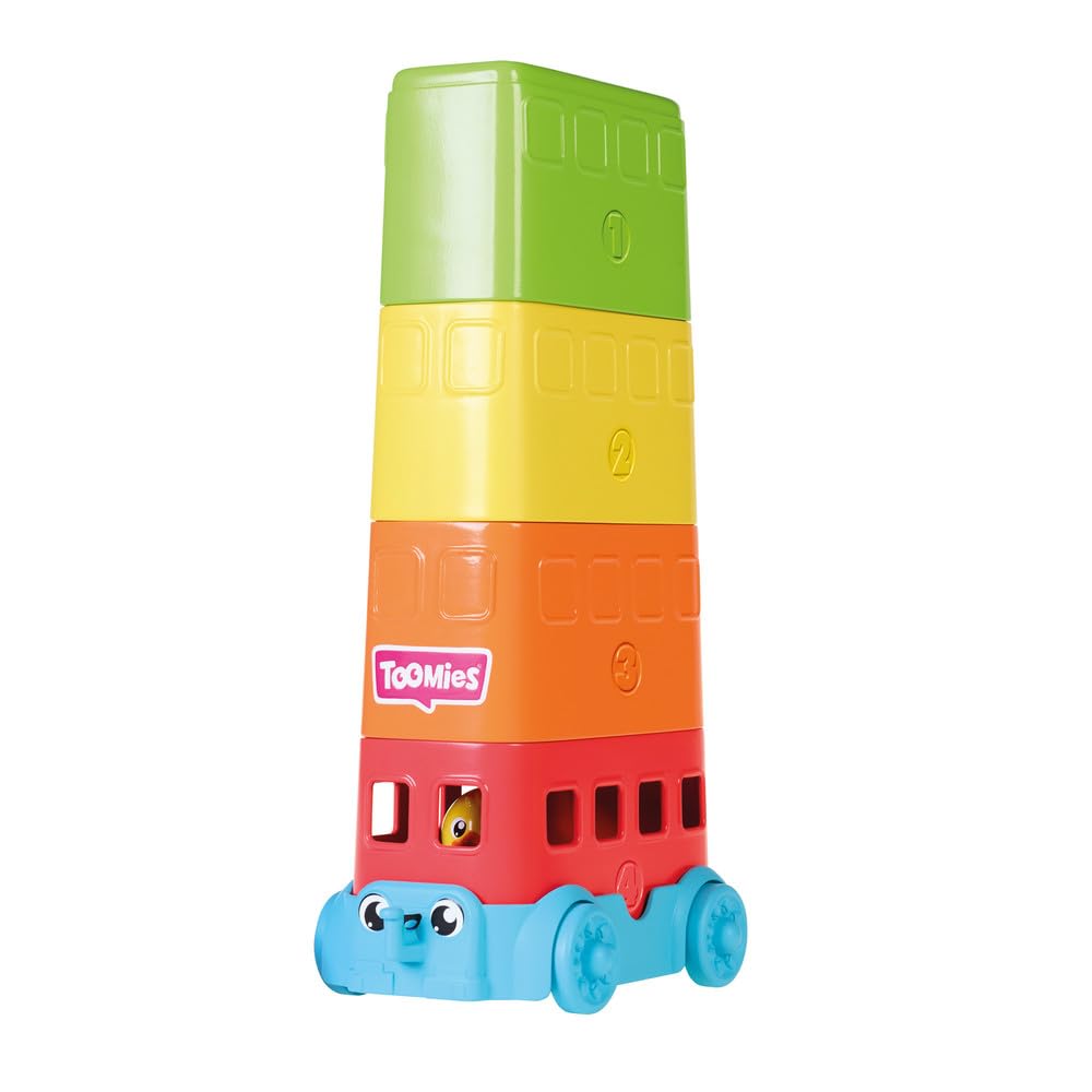 Toomies E73220C Tomy Hide & Squeak Stacker Decker Bus, Push-Along Colours and Sounds, Stacking and Sorting Babies, Educational Toddler Toy for Boys and Girls Aged 12 Months +
