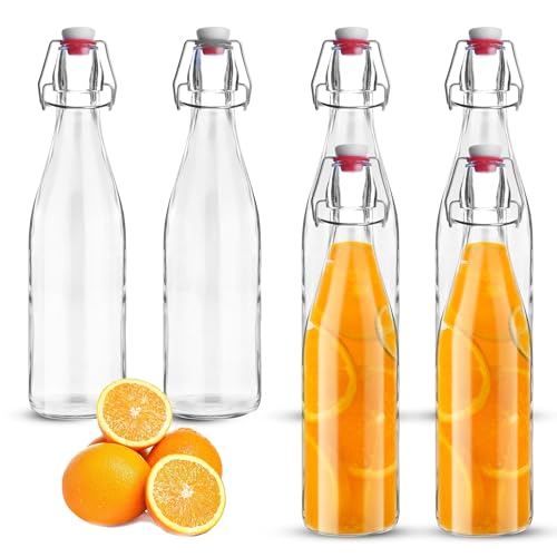 BUCOMTU 6 Stück 500ml Glasflaschen mit Bügelverschluss, Lebensmittelechter wiederverwendbare Glasbehälter, hermetisch verschließbar ideal für Fruchtsäfte, Speiseöl, Gewürze, hausgemachte Getränke