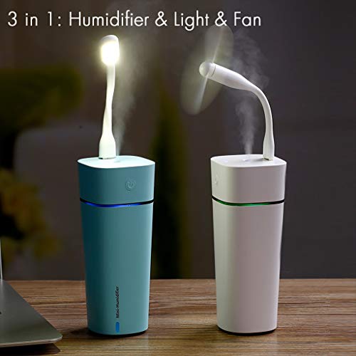NUMIFUN Portable Humidifiers 240ml Ultrasonic Cool Mist Mini USB Humidifier with USB Fan and Light Accessories Auto Shut-Off with 7 LED Color Light for Bedroom Home Office Car Travel Plant (White)