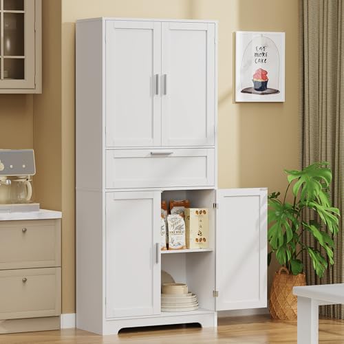 FIONESO 67" Tall Pantry Cabinet, Kitchen Pantry Storage Cabinet with 1 Large Drawer & 2 Adjustable Shelves, Freestanding Cupboard Buffet for Kitchen, Bathroom, White