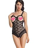 Amoretu Womens Cupless Teddy Crotchless Lace Bodysuit Lingerie (Black 1504)