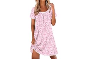 Ekouaer Cotton Nightgowns for Women Lace Trim Sleep Shirts Short Sleeve Night Shirts Sleep Dress with Pockets
