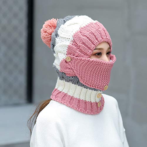 Fleece Lined Women Knit Beanie Scarf Mouth Mask Set for Girl Winter Ski Hat with Pom Pom Thicken Ski Earmuffs Cap - Thumbnail 5