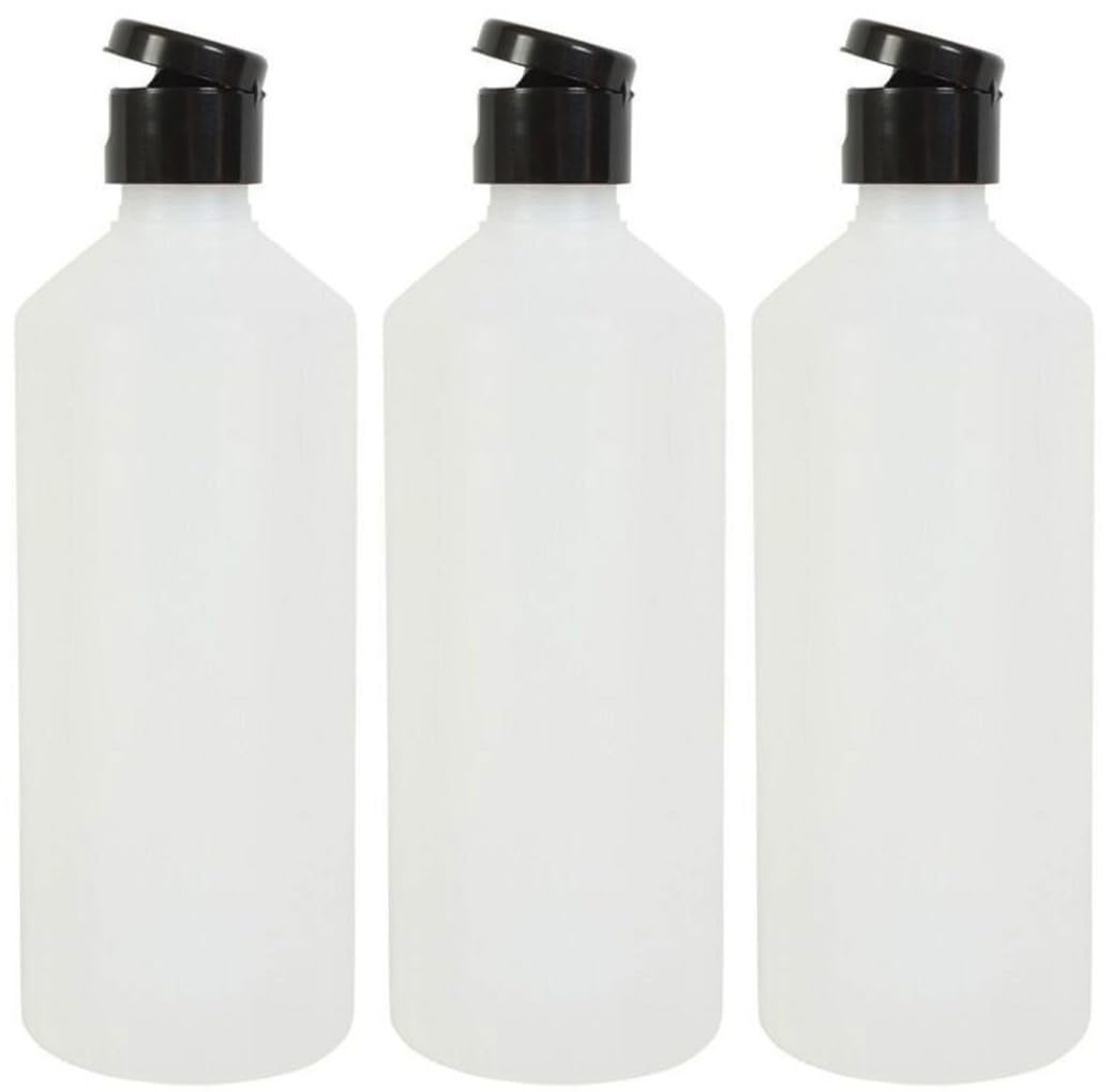 Lucemill 3 x 500ml Empty Plastic Bottles with Black Flip Top Lids – Refillable HDPE Bottles for Liquids, Shampoos, Conditioners, Cleaning Solutions, Crafts & More – BPA Free, Reusable & Durable