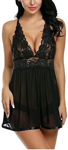 Women Babydoll Lingerie Dress Set V Neck Strap Hollow Lace Patchwork Chemise Nightwear (Black, Small)