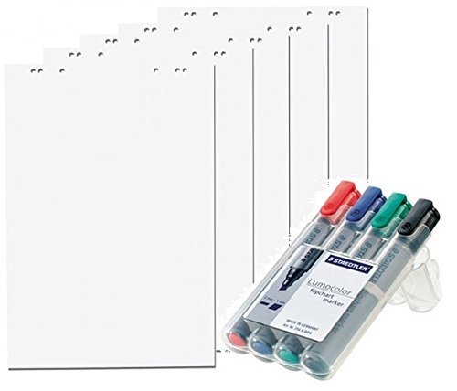 5x Flipchartblöcke + 4er Marker Set, Weiss Blanco, je Block 20 Blatt 69x99 cm, 6 fach Lochung, perforiert, Papier für Flipcha