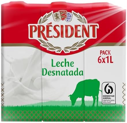 - Leche Président Desnatada, Leche Natural de Galicia, Fuente de Calcio y Proteínas, Sin Gluten, Bienestar Animal, Pack 6 x 1 L