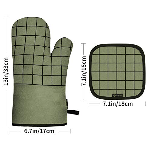 Slopehill Oven Mitts and Pot Holders, Heat Resistant Kitchen Bake Gloves Safe Trivet Mats 4 Pieces, Soft Cotton Lining with Non-Slip Surface for Cooking, Baking, Grilling, Barbecue (Green)