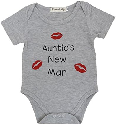 FasIn Newborn Baby Boys Lip Print Auntie's New Man Short Sleeve Bodysuit Grey (3-6M)