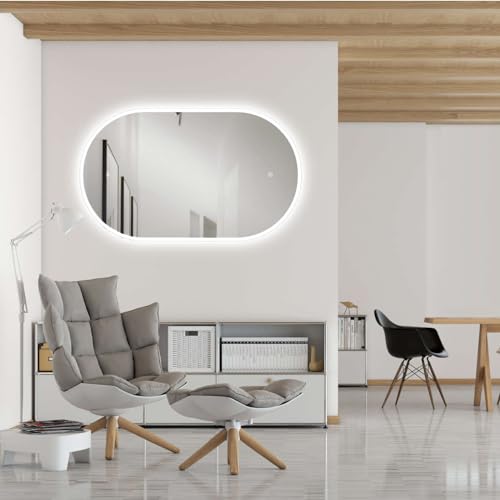 HOKO® Oval LED Design Mirror, 45 x 75 cm, High + Horizontal Mount, Illuminated Bathroom Mirror, Also as Vanity Mirror