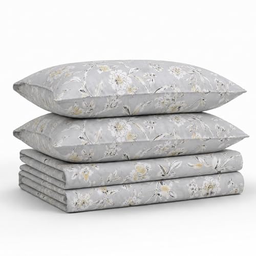 Tribeca Living Twin XL Bed Sheet Set, 300 Thread Count Soft Cotton Sateen, Floral Print with Extra Deep Pockets, 3-Piece Bedding Set, Colmar Silver Grey/Multicolor