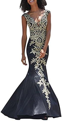 Elleybuy Women's V Neck Mermaid Formal Prom Dresses Gold Appliques Evening Dresses US8