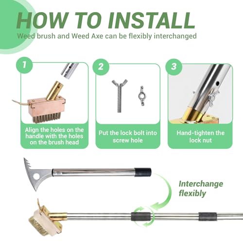 Kosmoflux Weed Remover Tool for Block Paving, 1-Sec Quick Release Weeding Tool with 63" Long Handle, 4-in-1 Scraper Axe & Metal Wire Brush Set for Garden Patio Driveway Crack Moss Removal