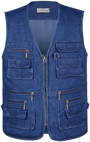 SOUGAO Mens Outdoor Denim Vest Work Safari Fishing Travel Multi