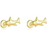 Cute 16g Shark S925 Sterling Silver Flat Screw Back Samll Stud Earrings for Women 14k Gold Plated Minimalist Fish Animal Cartilage Tragus Piercing Sleeper Tiny Mini Studs Hypoallergenic Jewelry for Her Bff