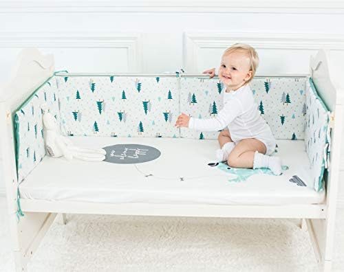 KINBEDY 100% Premium Cotton Baby Breathable Crib Bumper Pads for Standard Cribs Machine Washable Padded Safe Bumper Guards Crib Liner (Little Tree, 130x30CM x3)