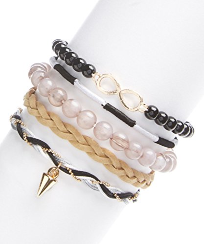 Lux Accessories Tan Suede & Black Beaded Stretch Infinity Spike Bracelet Set