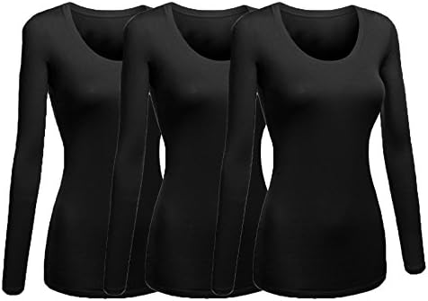 Emmalise Women's Plain Basic Scoop Neck Long Sleeve TShirt Tee - 3Pk - 3 Black, 2XL