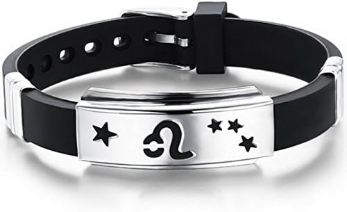 MOWOM Black Silver Tone Stainless Steel Rubber Bracelet Bangle Cuff Horoscope Zodiac Adjustable