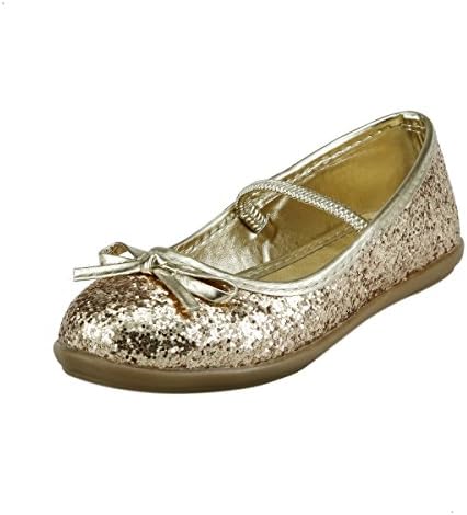 Wedding Flower Girl's Glitter Sparkly Ballet Flat Shoes w/ Elastic Strap Toddler Size (12, Gold)