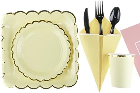 Yellow Birthday Party Supplies Set, RiscaWin Party Set Supplies for 10, Paper Plates,Paper Cups,Paper Straws,Napkins,Plastic Forks/Knives/Spoon– Complete Party Pack(Macaron Yellow)