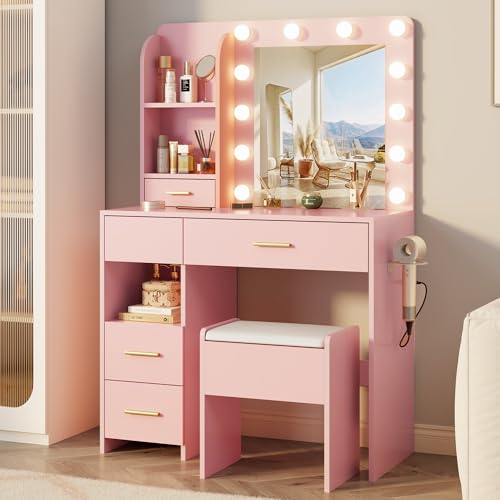 Otterease Vanity Desk with LED Lighted Mirror&Power Outlet, 3 Lighting Colors M…