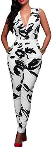 Mr.Seven Womens Sleeveless Deep V-neck Floral Printed Long Pants Jumpsuits Rompers