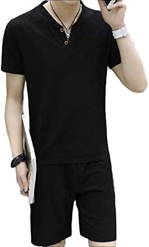 麻混 セットアップ デポー ヘンリーネック ショートパンツ 上下 セット 短パン ルームウエア Vネック 半袖 メンズ 無地