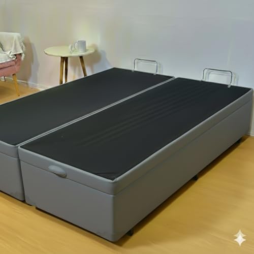 Cama Box Baú Queen Bipartido 79, Blindado, Pistão á Gás, Pés de Madeira (Corino, Cinza)