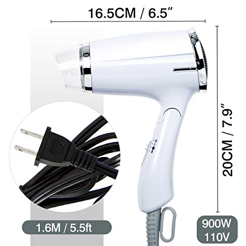 Folding Hair Dryer Compact Travel Blow Dryer Professional Salon Hair Dryer Negative Ionic Low Noise Hair Dryer 3 Heat Settings Lightweight Mini 8x7inch Hair Dryer for Men/Women (Dryer White 3)