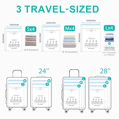 ZOESTORAGE Vacuum Bags for Clothes, Pack of 12 (4 x 40 x 60 cm, 4 x 50 x 70 cm, 4 x 60 x 80 cm) with Rechargeable Pump Made of PA + PE Material, for Storage, Travel, Luggage and Blankets