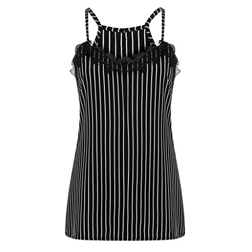 Womens Tops Summer,Lace Stripe T-Shirt Sexy Sleeveless Blouse Camisole Off Shoulder Sleepwear Tank Camis Polos Black - Thumbnail 4