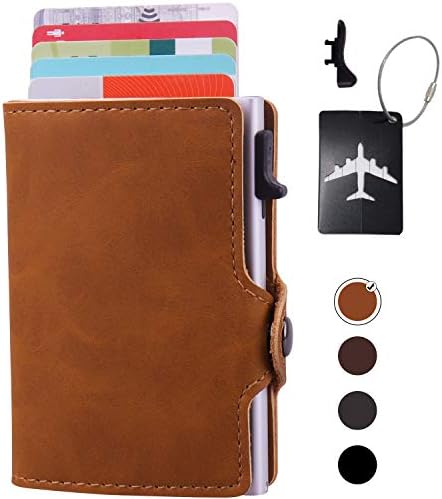 RFID Blocking Card Case with Money Clip PU Leather Aluminum Credit Card Holder Slim Wallet Purse Automatic Pop-up Bonus with 1 Luggage Tag with Wallet Manual (B-Light Brown)