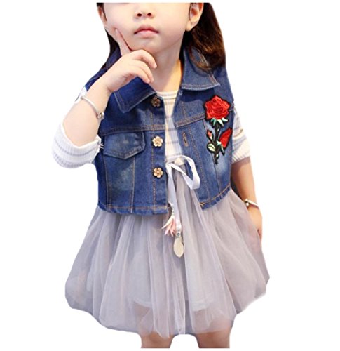 Tootless Kids Girls Long Sleeve Splice Mesh Party Dress Denim
