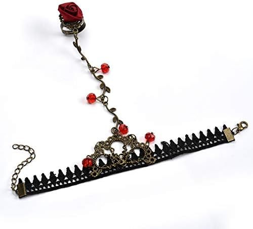 Black lace choker and bracelet set with gothic style design, adjustable.